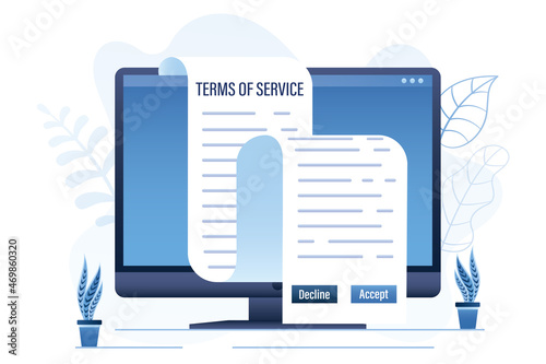 Terms and conditions, agreement on monitor screen. Long paper sheet, digital contract. Terms of software or app. Internet technology.