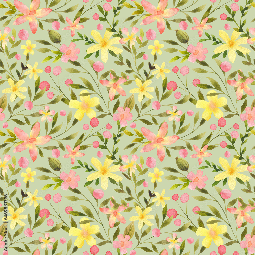 Watercolor floral seamless pattern. Pink, yellow flowers botanical repeat print. Flowers and leaves vintage design. Cute background for textile, fabric, apparel, wrapping paper, packaging, wallpaper.