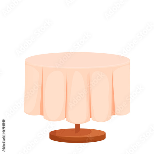 Wooden round table with tablecloth in cartoon style isolated on white background. Cafe, restaurant furniture, empty.