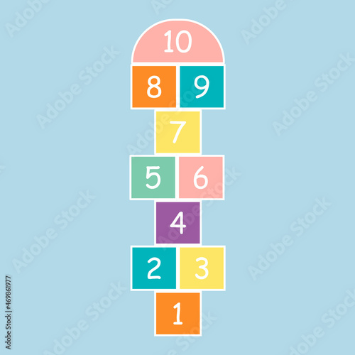 Illustration with hopscotch game. Drawn in colored chalk. Flat vector illustration isolated on white background. Child Game