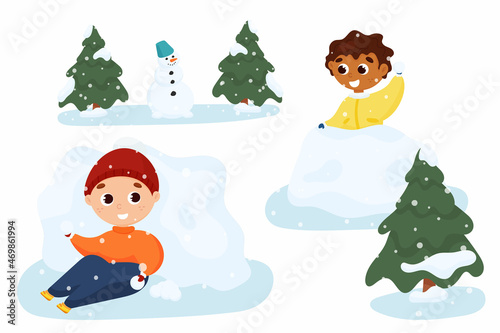 Children play snowballs outdoors. Winter outdoor games.
