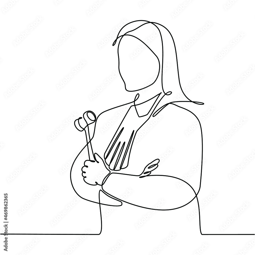 continuous line drawing of a female judge holding a hammer isolated on