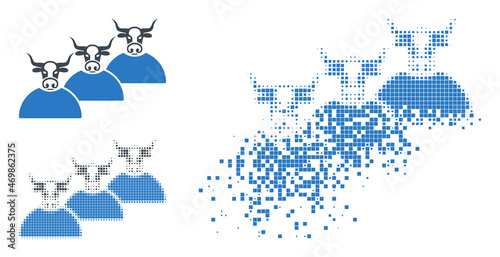 Livestock herd pictogram with fragmented effect. Disappearing effect uses circle sparks. Livestock herd in fractured, pixelated halftone and basic whole vector versions.