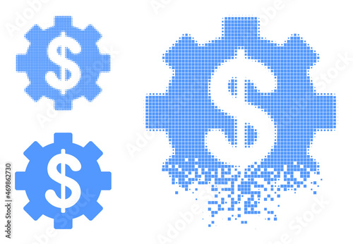 Financial settings pictogram with dissolved effect. Disintegration effect uses circle particles. Financial settings in dissolved, dotted halftone and basic entire vector variants.