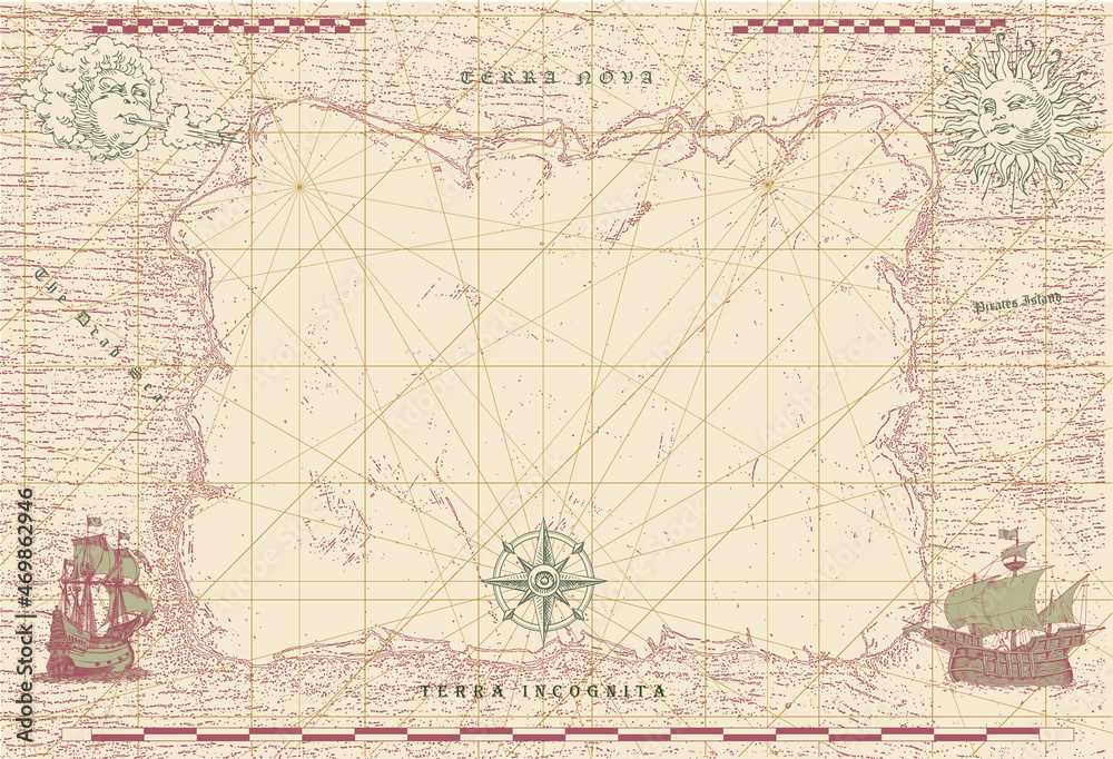 vector image of ancient nautical chart of sea routes of medieval ships