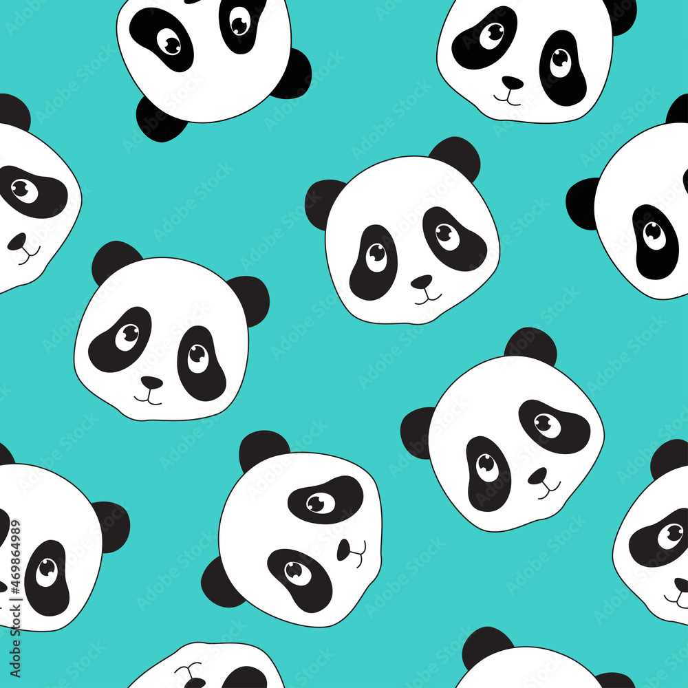 Print. Vector blue background with cute pandas. Cartoon pandas. Panda face pattern. Print. Vector blue background with cute pandas. Cartoon pandas. Panda face pattern.
