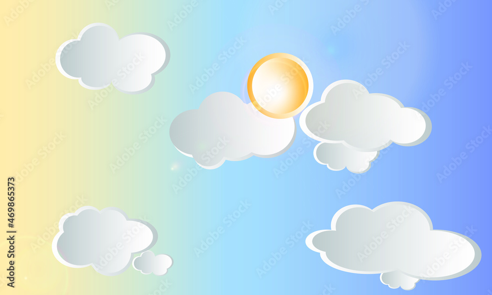 Blue sky with clouds and bright sun, paper art style.