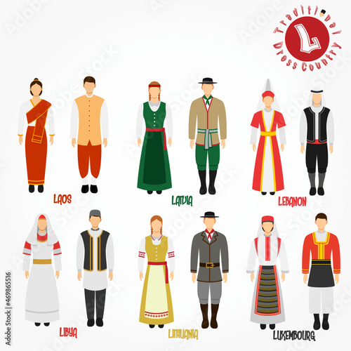 Set of alphabet "L" cartoon characters in traditional clothes. 