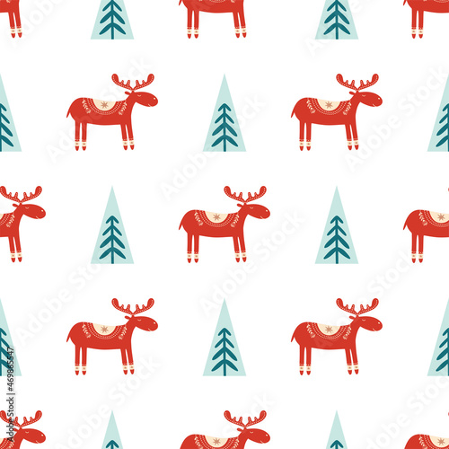 Folk deer pattern. Scandinavian deer silhouette, Christmas tree pattern. Christmas nordic reindeer background. Nordic seamless pattern graphic design. Cute vector illustration. Winter forest animal.