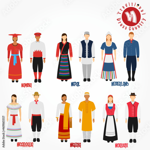 Set of alphabet "N" cartoon characters in traditional clothes.	
