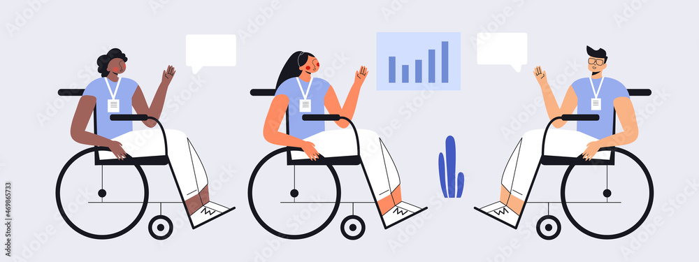 Inclusive office with group of young people with disability in wheelchair working on project. Social inclusion concept. Business conference, teamwork, conversation. Flat vector cartoon illustration