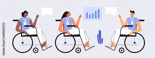Inclusive office with group of young people with disability in wheelchair working on project. Social inclusion concept. Business conference, teamwork, conversation. Flat vector cartoon illustration