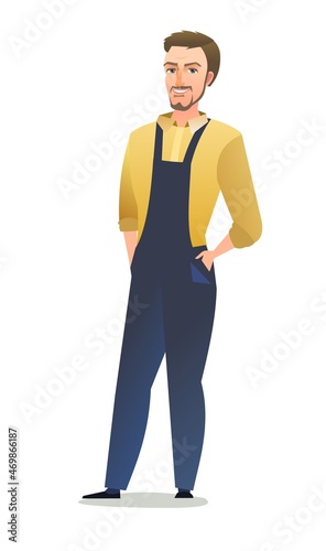 Man in overalls. Service guy. Handyman, locksmith or repairman. Cheerful person. Standing pose. Cartoon comic style flat design. Single character. Illustration isolated on white background. Vector