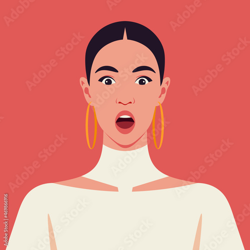 Latin American woman's frightened face. Fears and shock. Surprise. Vector flat illustration