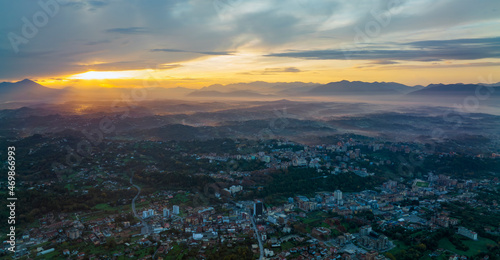 View from above, stunning aerial view of the city of Frosinone illuminated by a beautiful sunrise. Frosinone is a town and comune in Lazio, Italy.