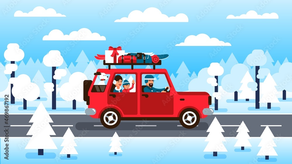 Fototapeta premium Family drives a car on winter vacation along forest road. Family is going to the Christmas holidays. Vector illustration.