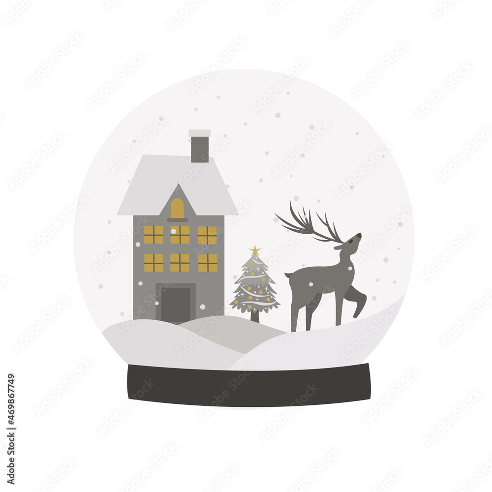 Christmas snowball globe with house, deer and christmas tree. Winter landscape. Ideal for printing, design, postcards, posters, invitations.
