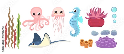 Set of marine objects  octopus  seahorse  jellyfish  plants  stones  stingray  algae and bubbles. Underwater world. Aquarium or sea. Summer water.