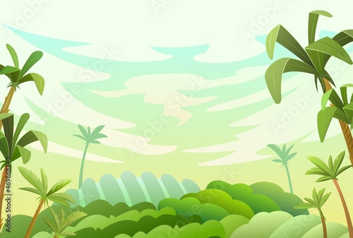 Pretty countryside in the tropics. Vegetable garden hills and meadows. Soft evening sky. Palm trees and nice summer weather. Funny cartoon style. Green countryside landscape. Vector.