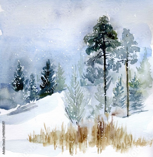 Watercolor postcard, winter landscape hand drawing