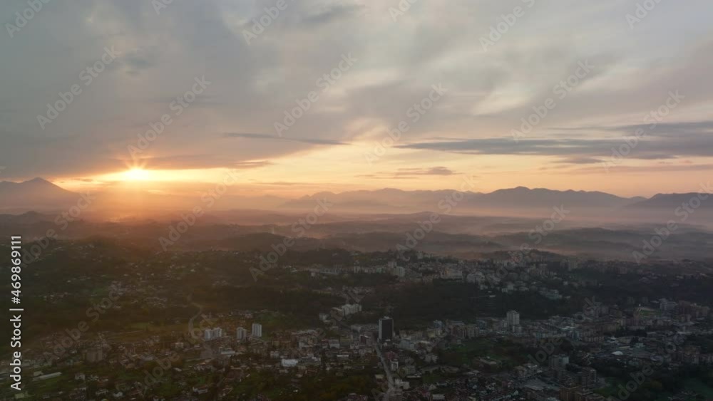 View from above, stunning aerial view of the city of Frosinone illuminated by a beautiful sunrise. Frosinone is a town and comune in Lazio, Italy. View from above, stunning aerial view of the city of Frosinone illuminated by a beautiful sunrise. Frosinone is a town and comune in Lazio, Italy.