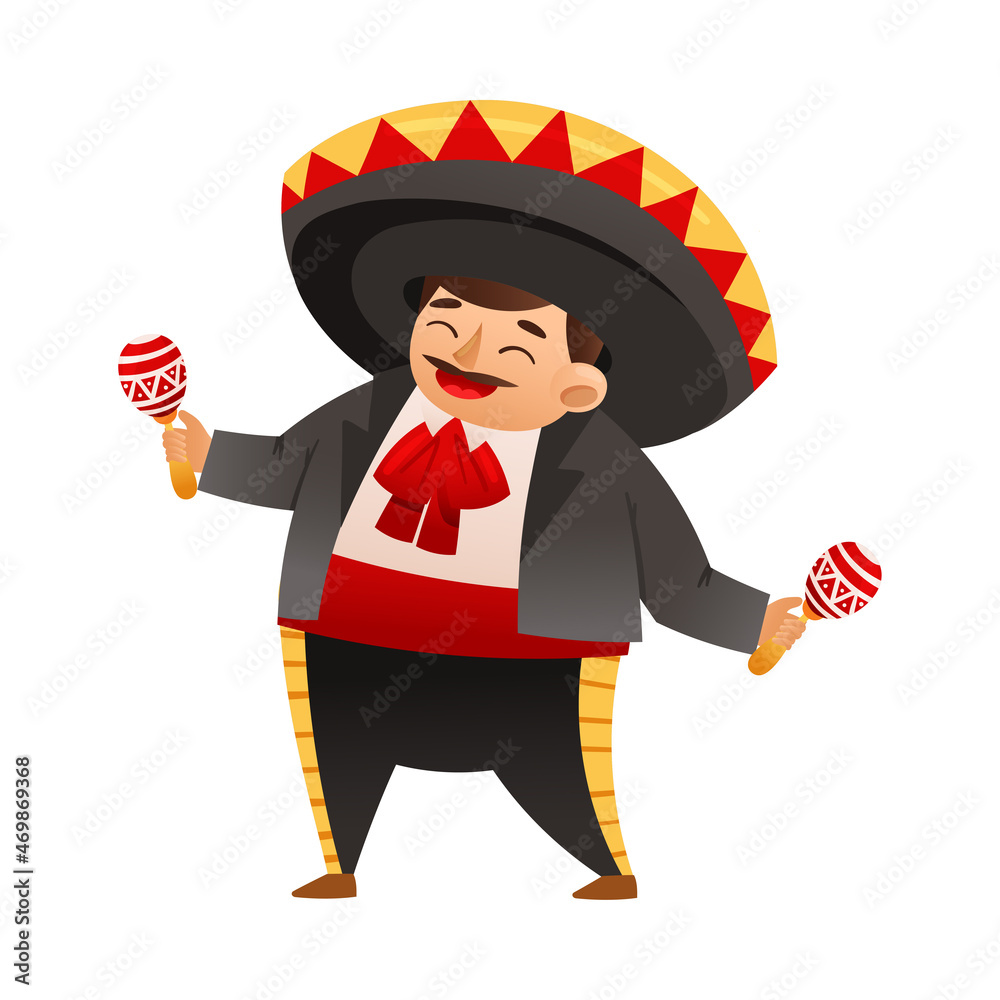 Mexican man wearing traditional clothes and sombrero hat shaking maracas  cartoon vector illustration Stock Vector | Adobe Stock
