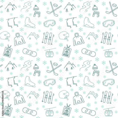 Seamless vector pattern with Winter Sport Equipment.Sports Games Equipment and activities. For fabric, paper, wrap, textile, poster, scrapbooking, wallpaper or background, for web site or mobile app