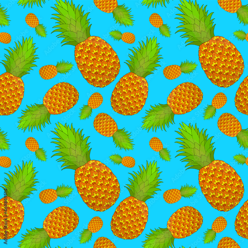 Pineapple seamless pattern on turquoise background. Tropical fruit repeating endless texture. Yummy boundless background. Food surface pattern design. Editable tile for textile or wrapping paper