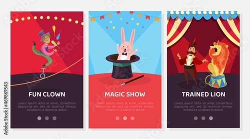 Circus Amusement Show with Clown, Magic and Trained Lion Vector Banner Template