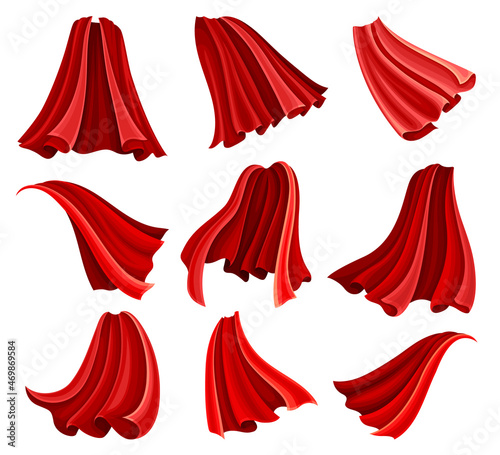 Red Cloak or Cape as Loose Silk Garment Worn Over Clothing Vector Set