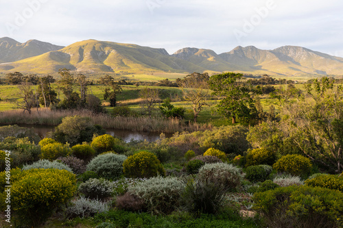 View across a tranquil landscape, river valley and a mountain range photo