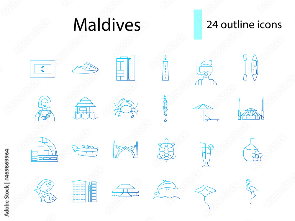 Maldives attractions outline icons set. National attributes. Tropical resort. Isolated vector illustration Maldives attractions outline icons set. National attributes. Tropical resort. Isolated vector illustration