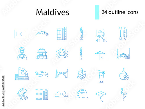 Maldives attractions outline icons set. National attributes. Tropical resort. Isolated vector illustration