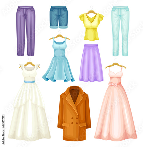Neat and Clean Clothing with Dress on Hanger and Coat Vector Set