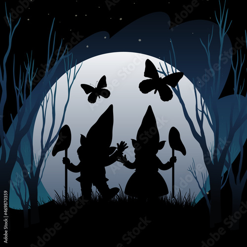 Silhouette gnomes with full moon background