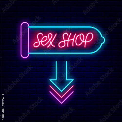 Sex Shop neon lettering with condom frame on brick wall background. Shiny arrow. Isolated vector stock illustration