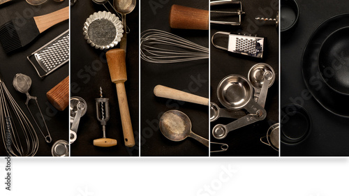 Collage made of kitchen utensils on black background. photo