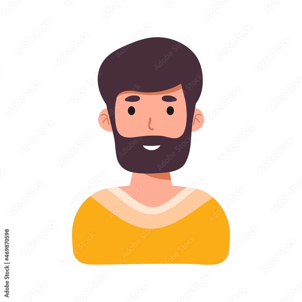 Man face emotive icon. Smiling bearded male character in yellow. flat vector illustration isolated on white. Happy human psychological portrait. Positive emotions user avatar. For app, web design