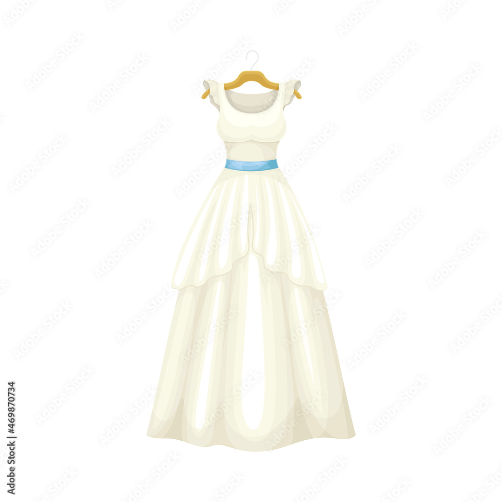 White Dress with Long Skirt and Blue Belt on Hanger as Neat and Clean Clothing Vector Illustration