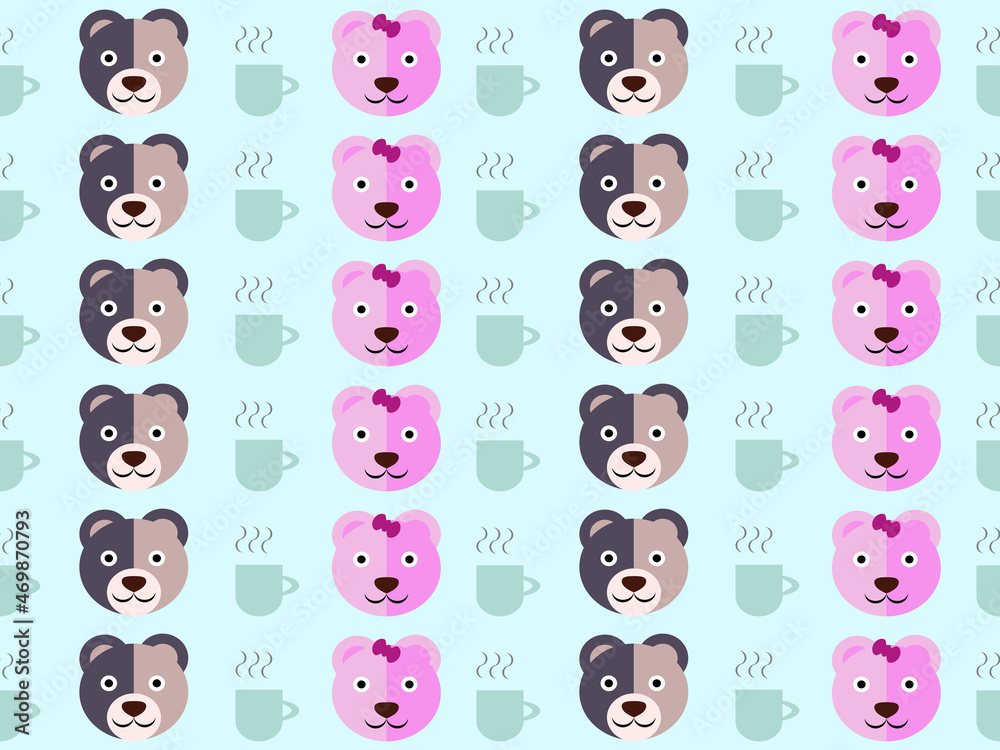 Brown and pink bear cartoon character pattern on blue background. Brown and pink bear cartoon character pattern on blue background.