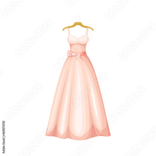 Pink Dress with Long Skirt and Bow Belt on Waist on Hanger as Neat and Clean Clothing Vector Illustration