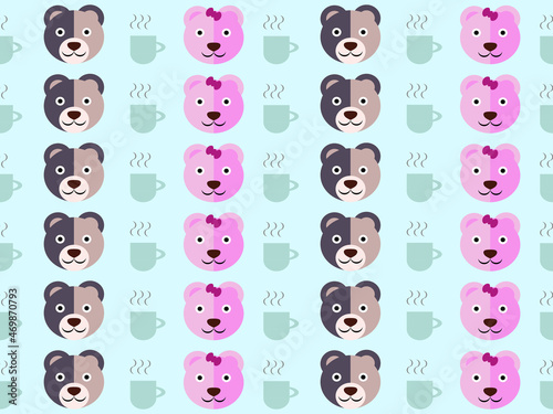 Brown and pink bear cartoon character pattern on blue background.
