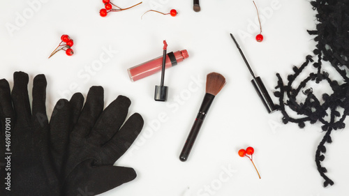 winter accessories collage with scarf, gloves, womens cosmetics. fashion background