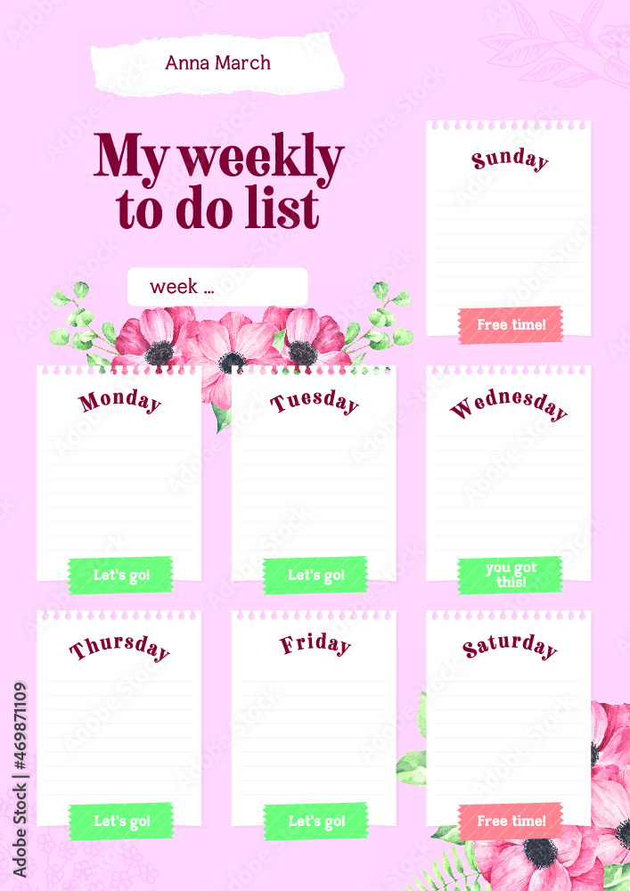 Pink My Weekly to do List Floral and Cute Activity Planner A4 Print