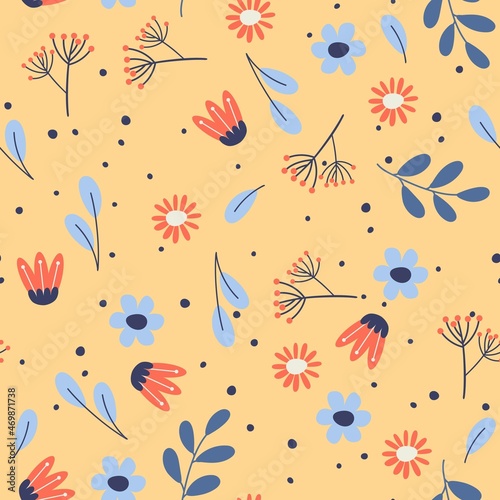 Garden flower, plants, botanical seamless pattern. Vector design for fashion,fabric,wallpaper and all prints. Cute pattern in small colorful flowers. © VaulinaArtDesigns