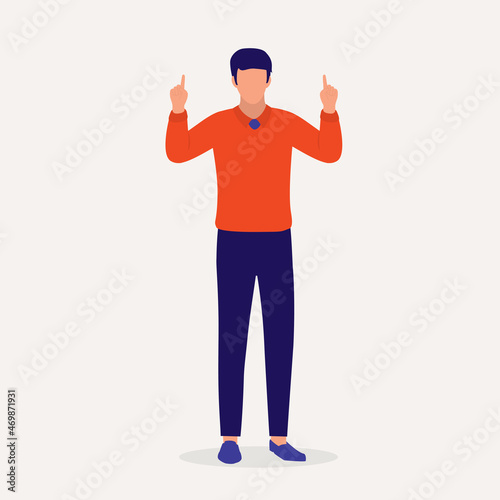Young Man Standing With Fingers Pointing Up. © simplehappyart