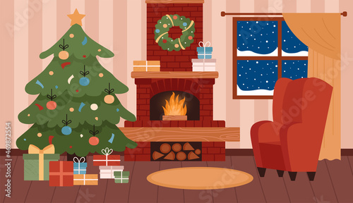 Living room with a Christmas interior. A room with a fireplace, gifts, a red armchair and a Christmas tree. Cozy warm winter evening. Vector illustration.