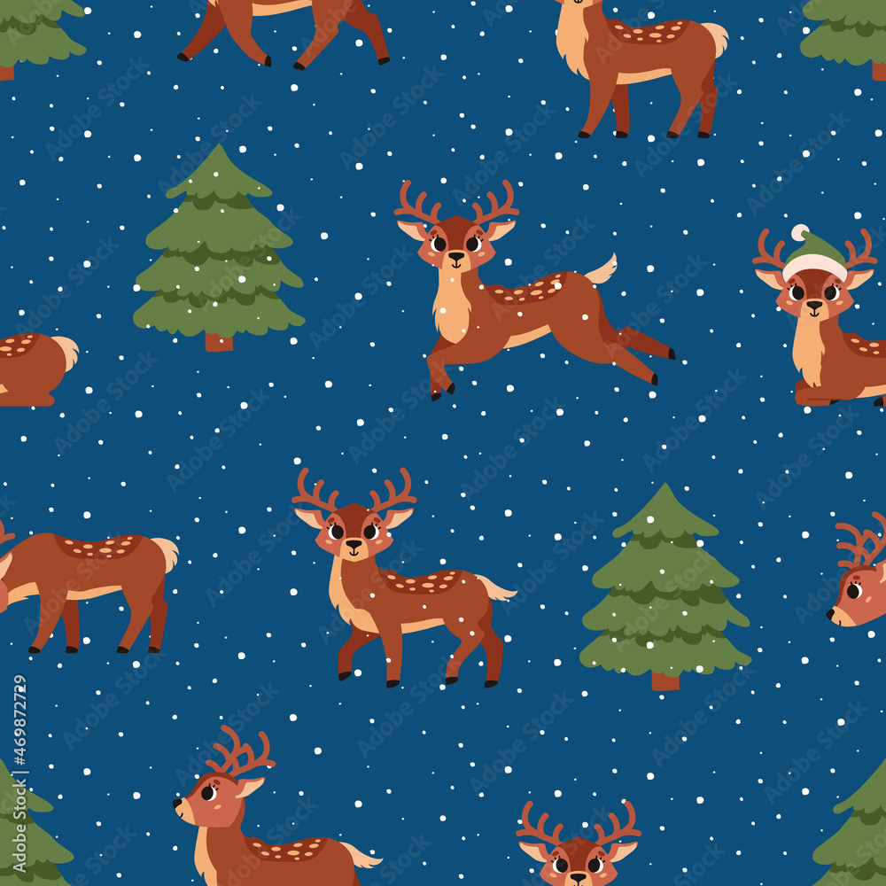 Winter tree landscape with deers. Vector seamless pattern with green spruces. Northern forest. Hand drawn illustration.