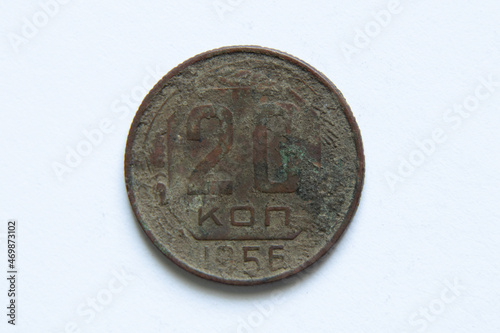 old coins of the ussr in denomination of 20 kopecks on a white background, 20 kopecks old coin