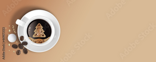 фотографія Realistic coffee on a platter with christmas tree made of bubbles and christmas